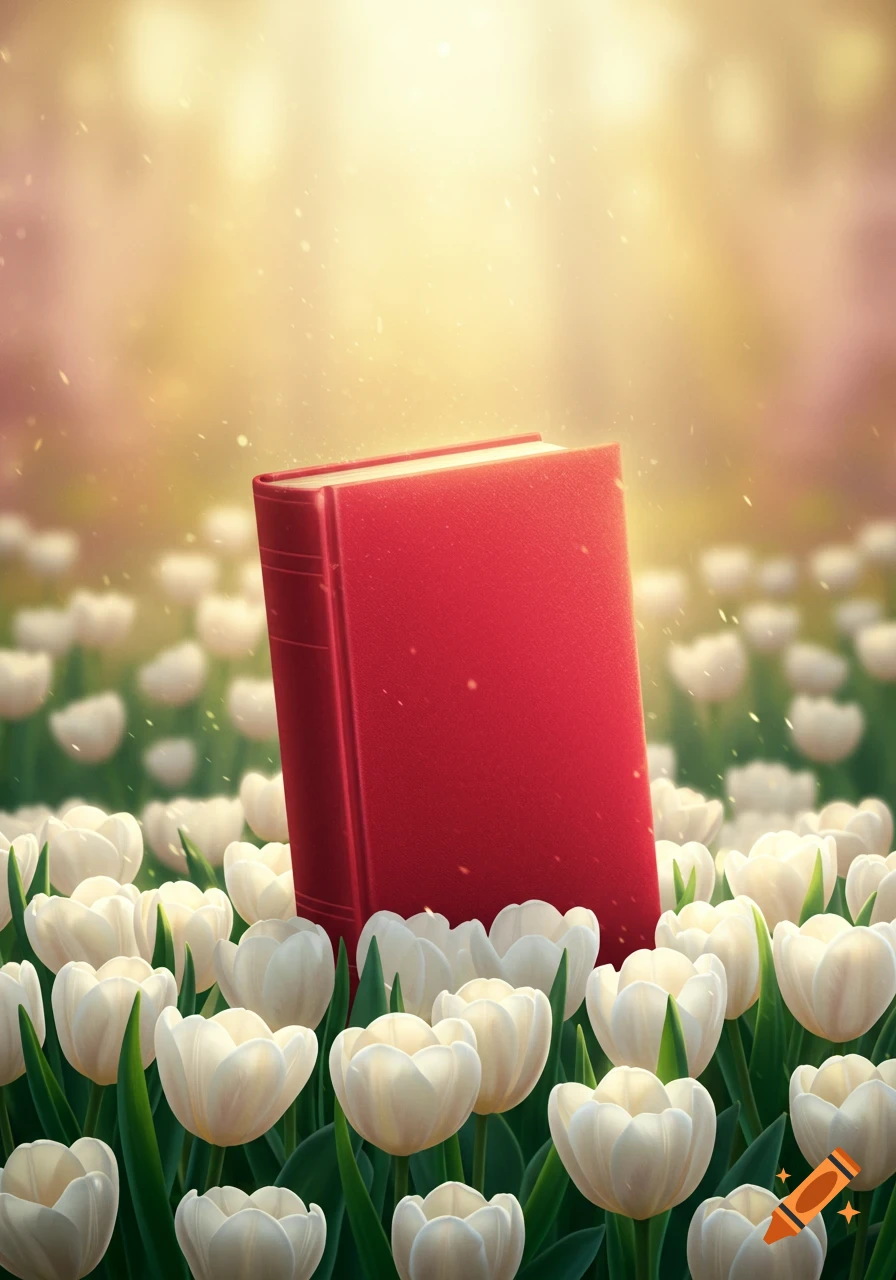 A bright red book stands upright in a field of white tulips under a golden glowing sky.