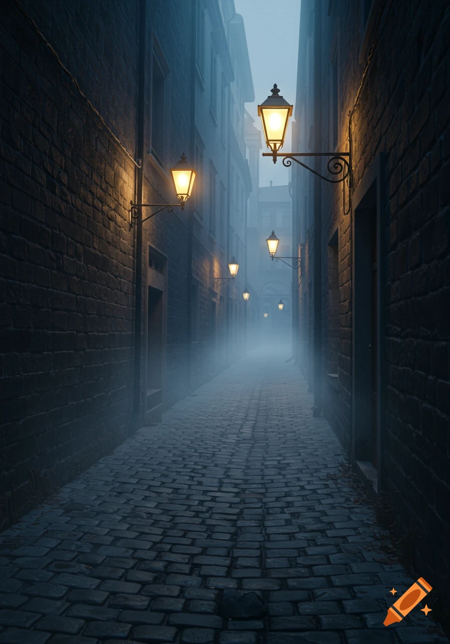 A dimly lit, foggy cobblestone alleyway lined with brick buildings and illuminated by vintage streetlights, creating an eerie atmosphere.
