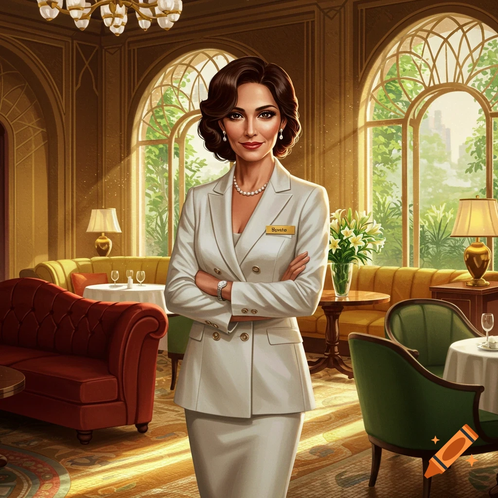 A sophisticated woman with dark hair in a white business suit stands with crossed arms in an elegant hotel lobby.