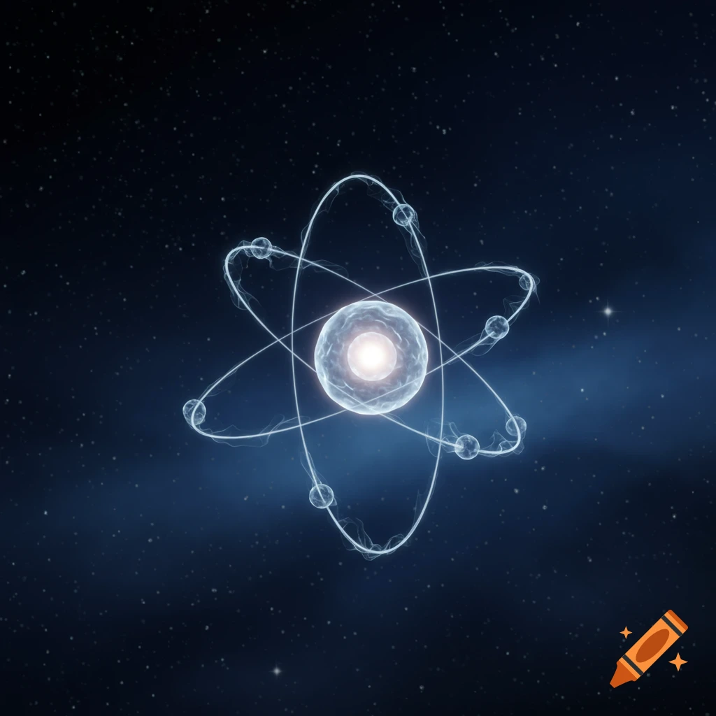 A glowing atomic model with electrons orbiting a bright nucleus against a dark, starry space background.