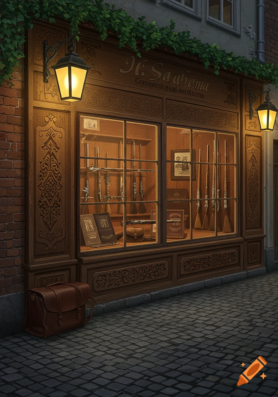 A detailed, realistic illustration of a vintage Slavic gun store storefront at night, with illuminated lanterns, carved wood, and weapons displayed in the window.