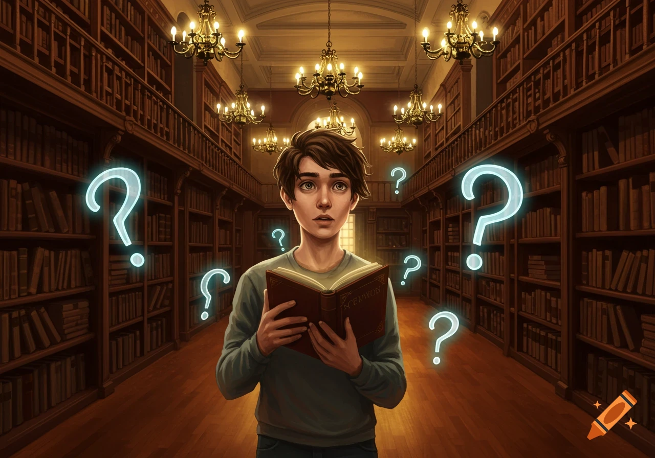 A confused young boy holds an open book in a grand library, surrounded by glowing question marks, in a digital painting.