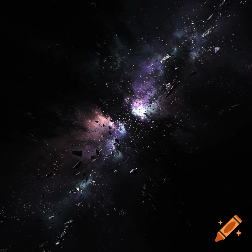 Abstract cosmic explosion with purple and white nebulae and scattered dark debris against a black background.