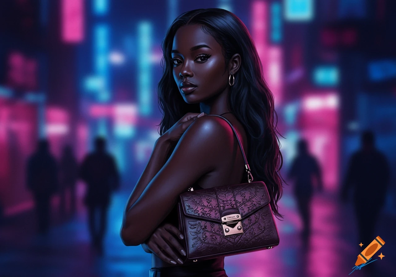 A beautiful Black woman with dark hair holds a patterned handbag in a vibrant neon-lit cityscape.