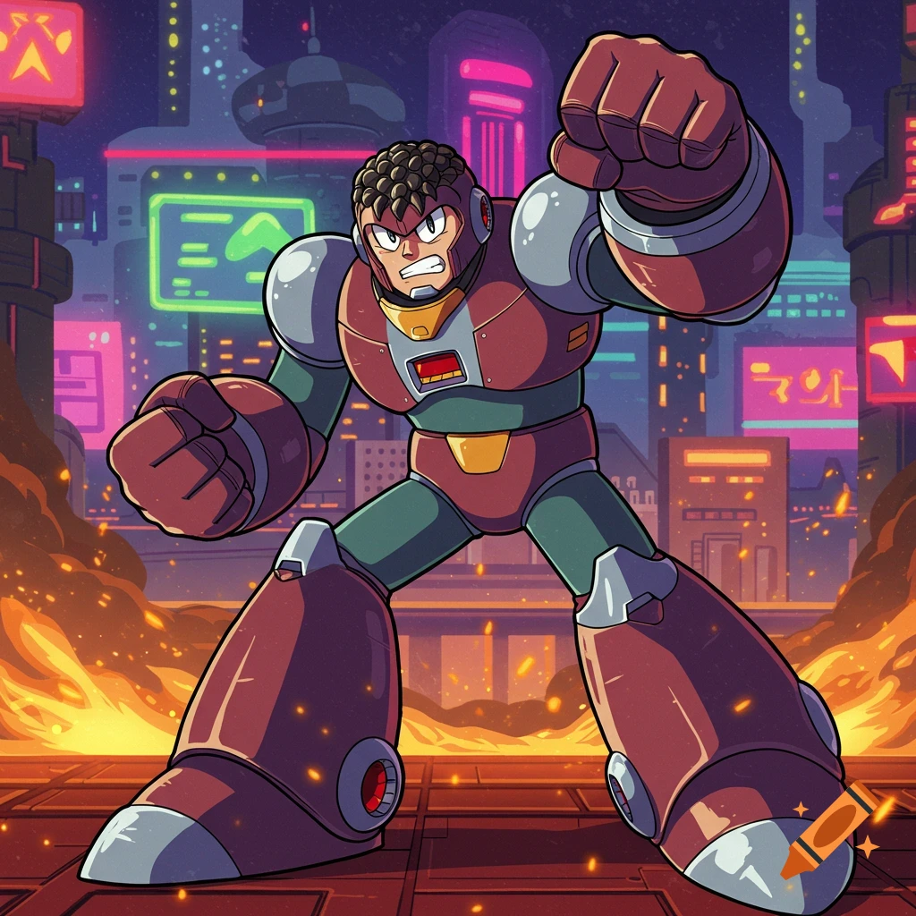 A cartoon-style robot, similar to Mega Man, stands defiantly in a fiery, neon-lit futuristic city.