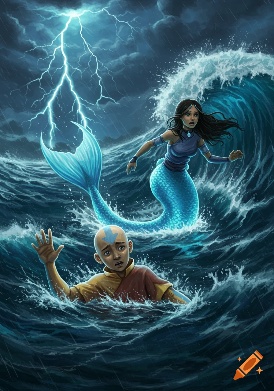 Aang struggles in a stormy sea under lightning while mermaid Katara swims urgently to rescue him.