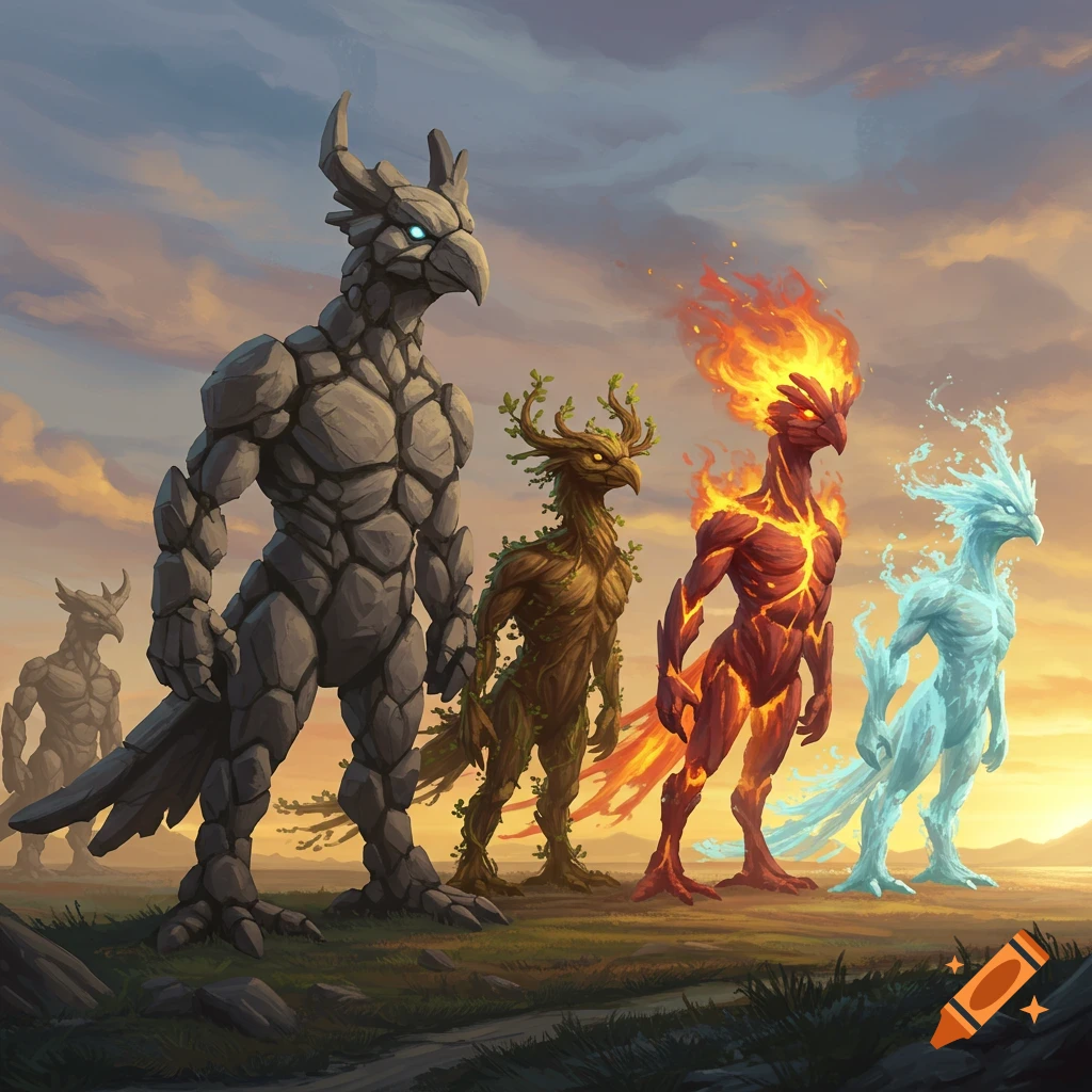 Five elemental anthropomorphic bird creatures: rock, earth, fire, and water, stand on a grassy plain at sunset.
