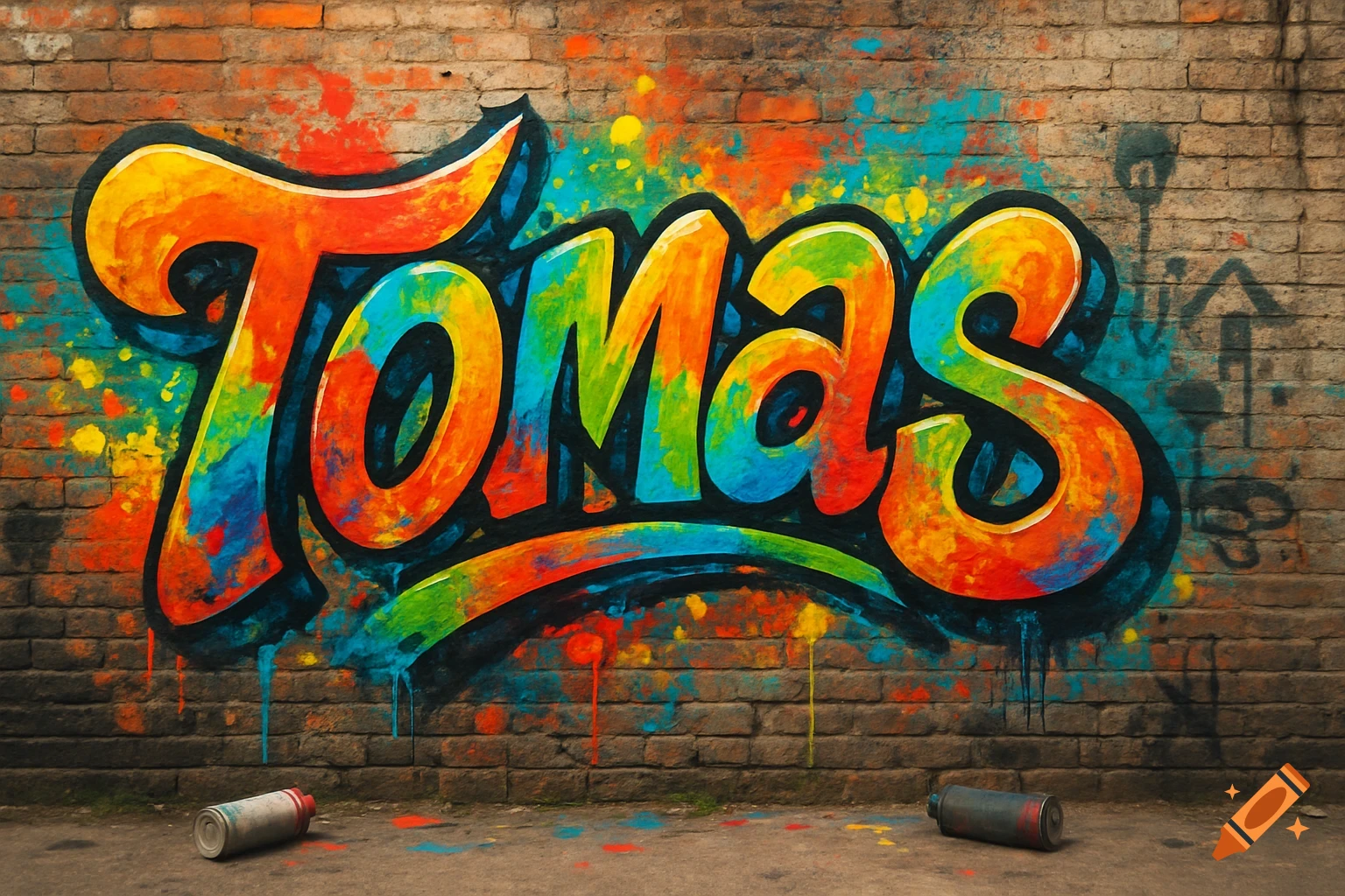 Colorful graffiti of the name TOMAS on a brick wall, with paint drips and two spray cans on the ground.