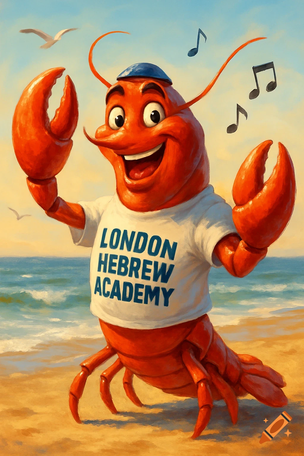 A cartoon red lobster wearing a kippa and 'LONDON HEBREW ACADEMY' t-shirt on a beach, with musical notes and seagulls.