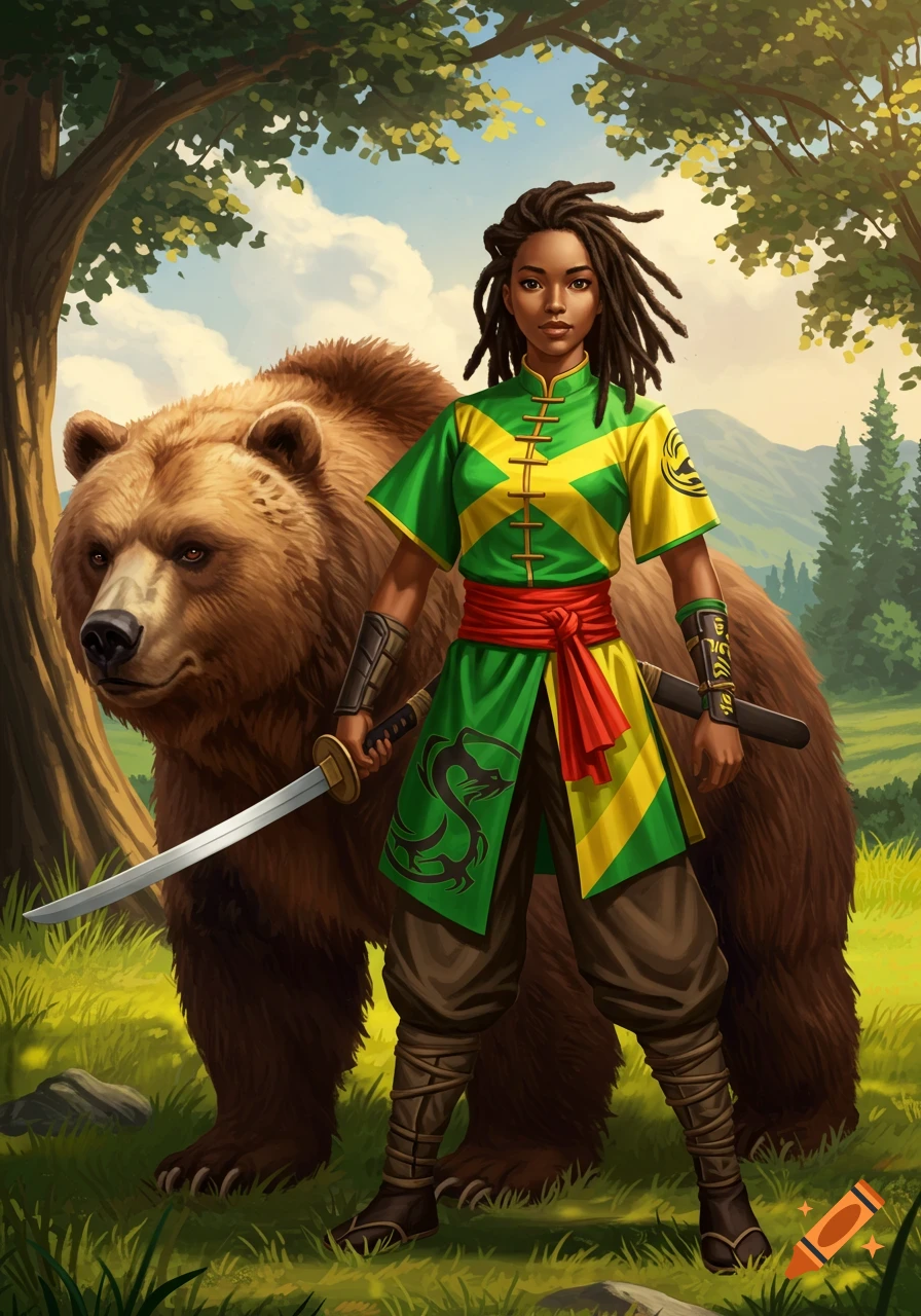 A Jamaican American woman in a green and yellow uniform holds a katana, a grizzly bear standing behind her in a forest, digital painting.