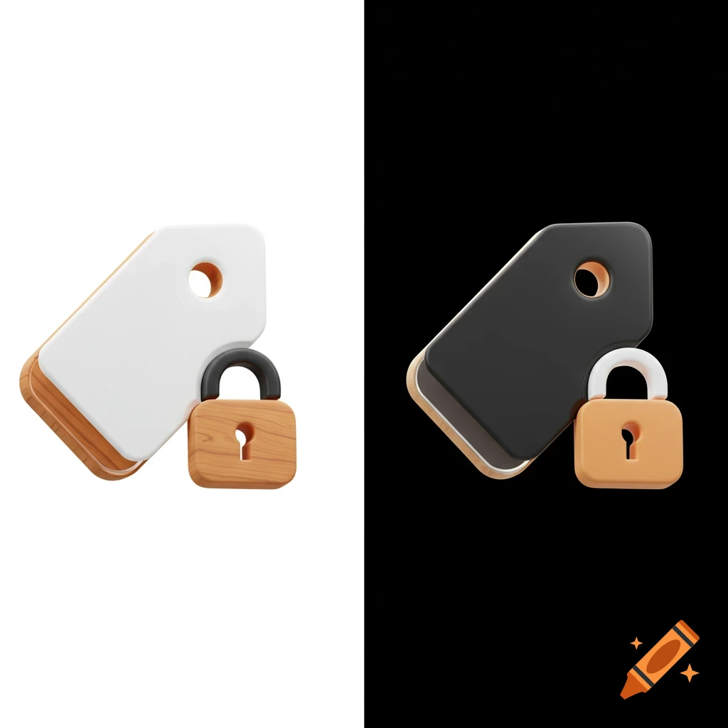 A 3D icon of a white security tag and a wooden padlock, presented on white and black backgrounds.
