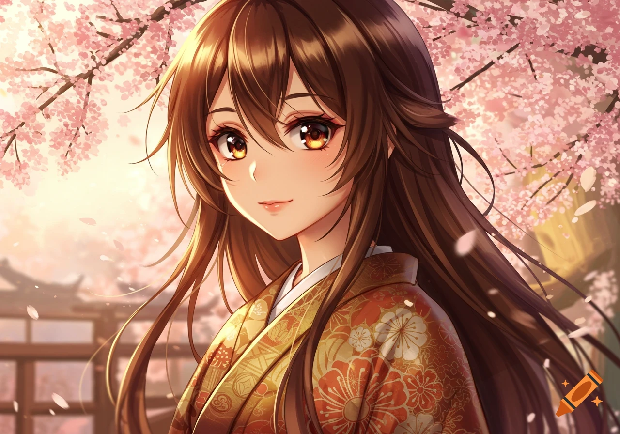 Anime girl with long brown hair and brown eyes, wearing a patterned kimono amidst pink cherry blossoms.