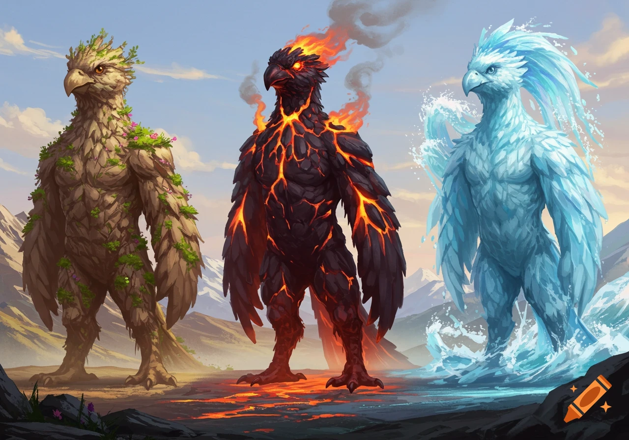 Three anthropomorphic bird elementals stand side-by-side: an earthy one, a fiery lava one, and a watery one, against a mountain backdrop.