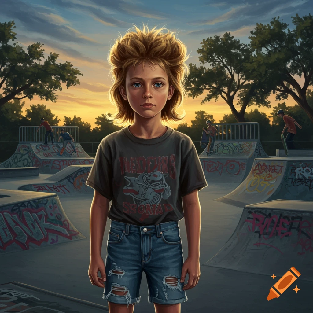 An illustrated boy with a messy mullet and a dark t-shirt stands in a graffiti-covered skateboard park at sunset.