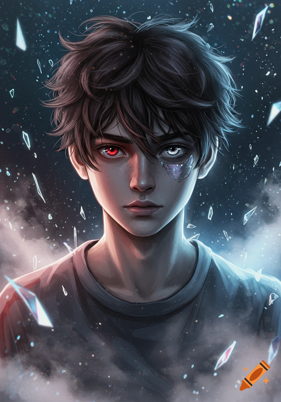 A stylized digital portrait of a young man with messy dark hair, one glowing red eye, and one silver bionic eye, surrounded by shattered glass and stars.