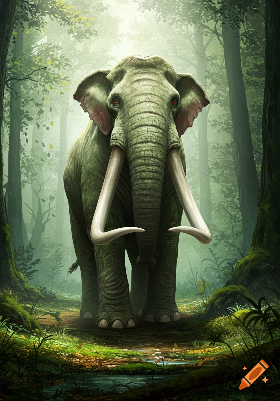 A powerful, light green elephant with red eyes and long tusks stands in a misty, lush jungle illustration.