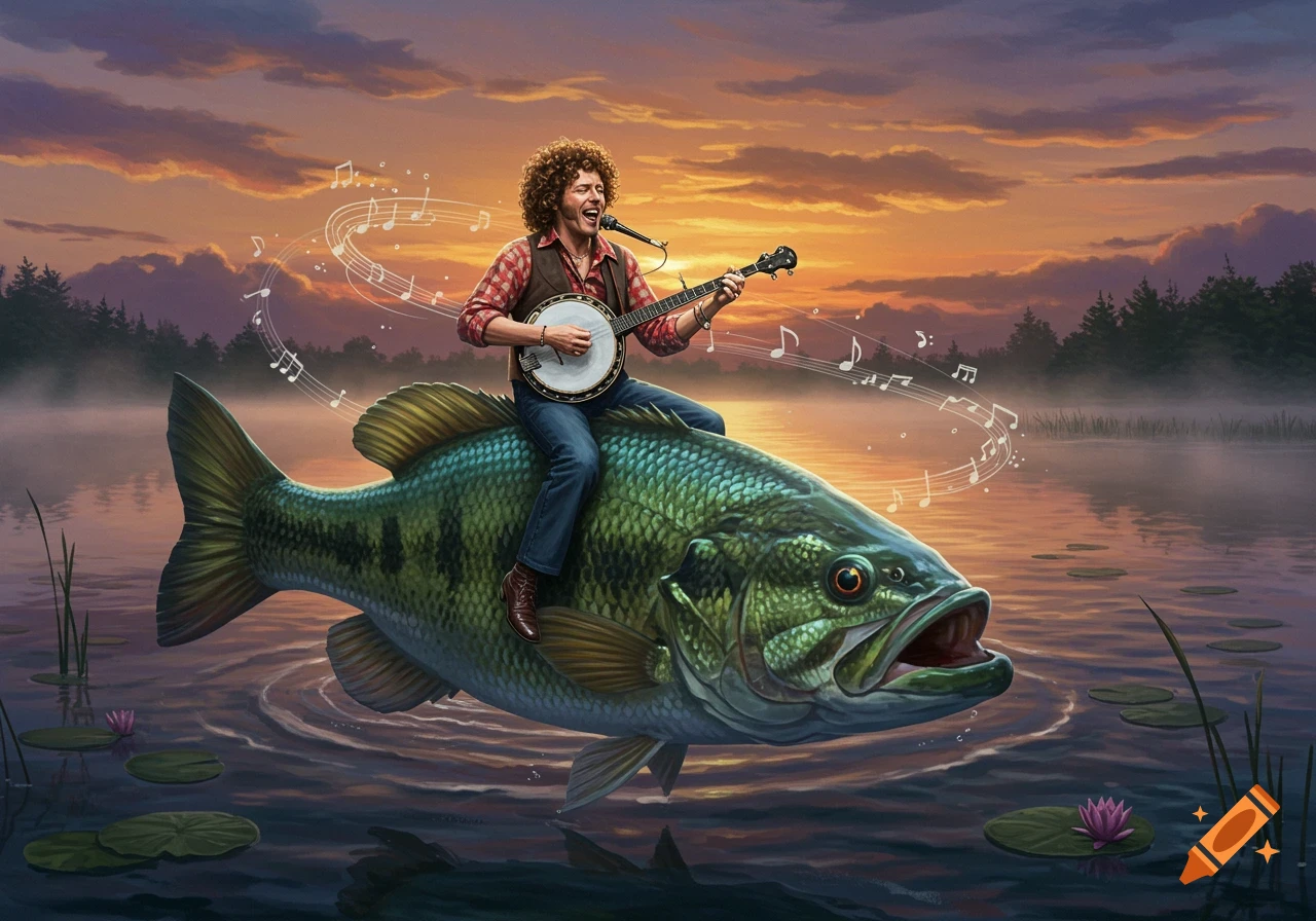 Curly-haired man playing banjo on a giant bass fish on a misty lake at sunset with musical notes. Detailed fantasy illustration.