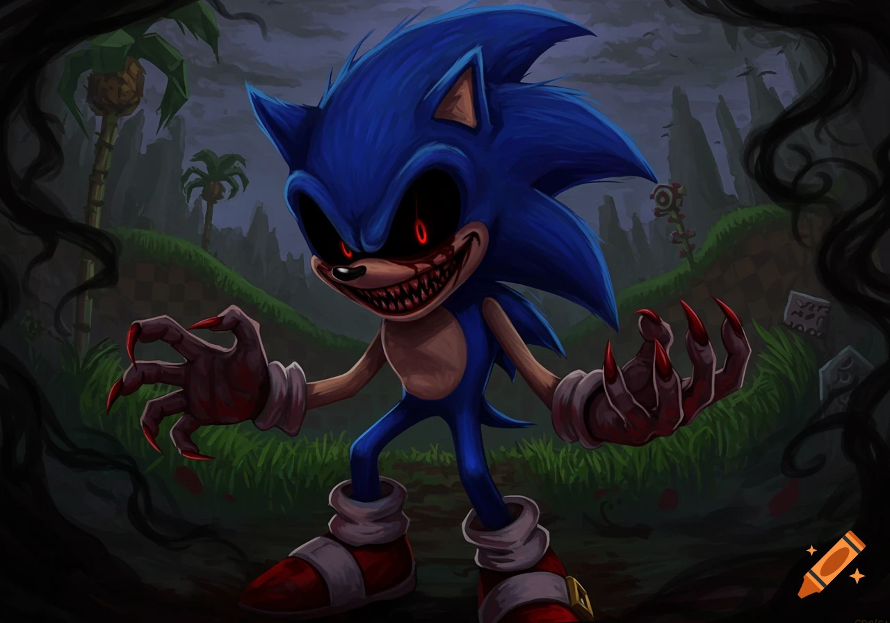 A scary, sharp-toothed Sonic.exe with glowing red eyes and bloodied clawed hands stands in a dark, creepy forest.