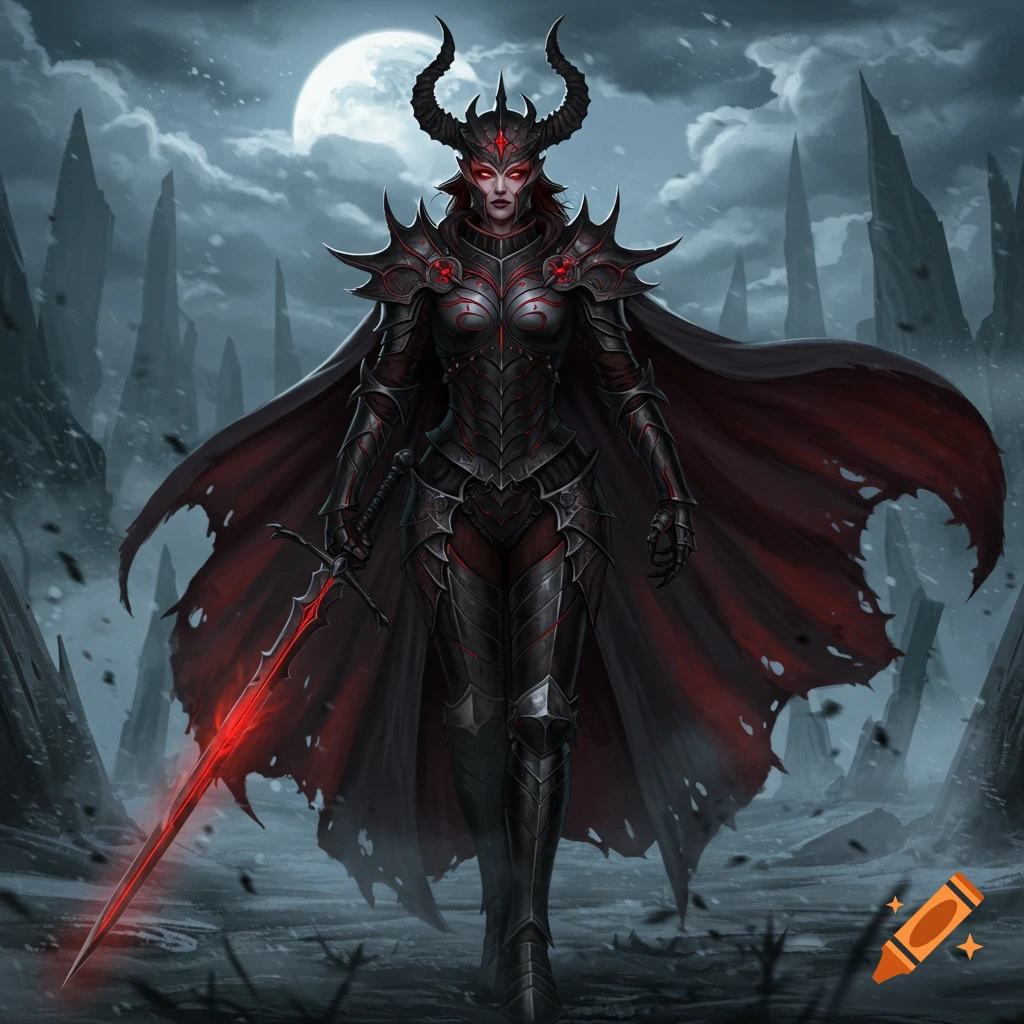 A female warrior in dark, spiky armor with horns holds a glowing red sword, standing under a full moon in a desolate, rocky landscape.