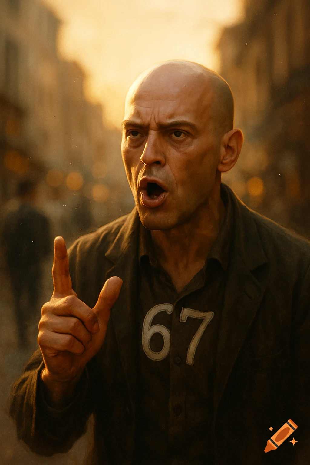 Photorealistic portrait of a bald man with an open mouth, shouting and gesturing, wearing a shirt with '67' on it, warm lighting.