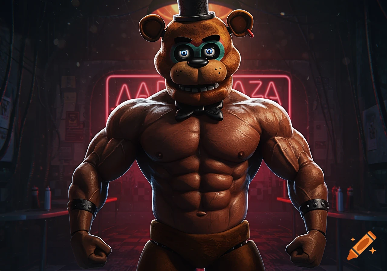 A muscular, anthropomorphic Freddy Fazbear with a top hat and bowtie stands in a dark, neon-lit room.