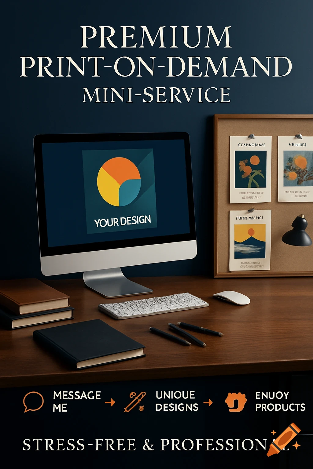 Professional advert for a print-on-demand mini-service showing a computer with a logo, books, pens, a mouse, and a corkboard with notes on a wooden desk.