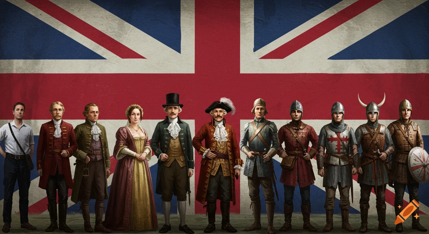 A line of British people in historical costumes from different eras, standing in front of a large Union Jack flag.