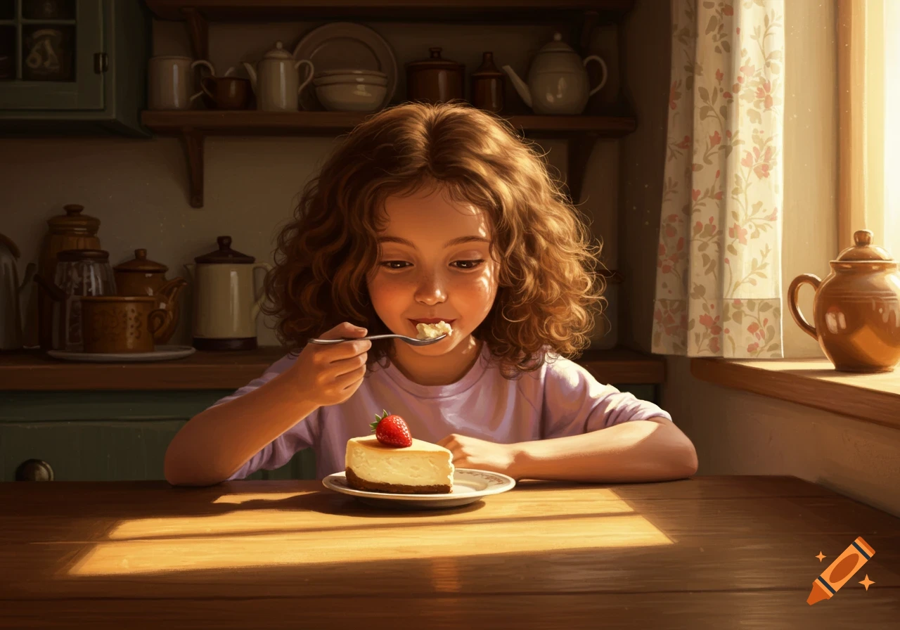 A young girl with curly hair sits at a sunlit kitchen table, smiling while eating a slice of cheesecake with a strawberry on top.