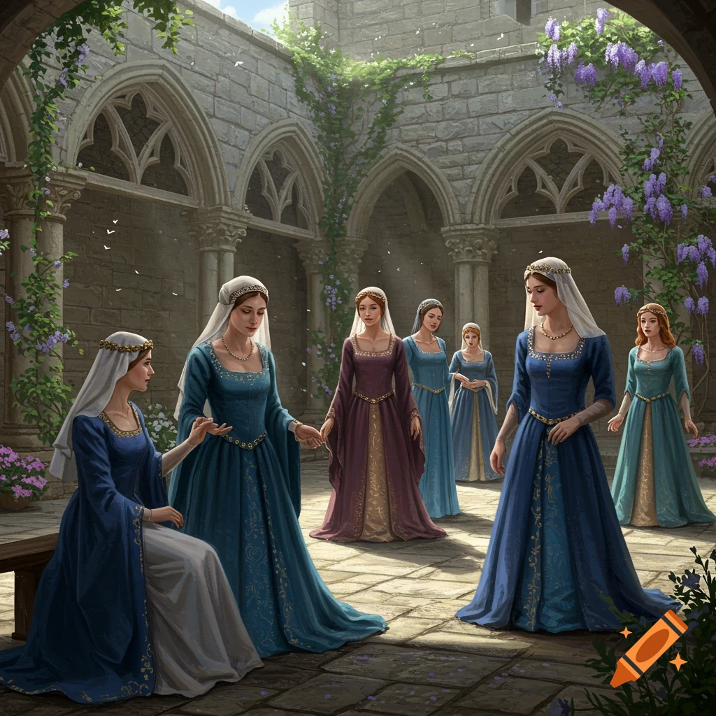 Women in medieval blue and purple dresses gather in a sunlit stone courtyard adorned with wisteria.
