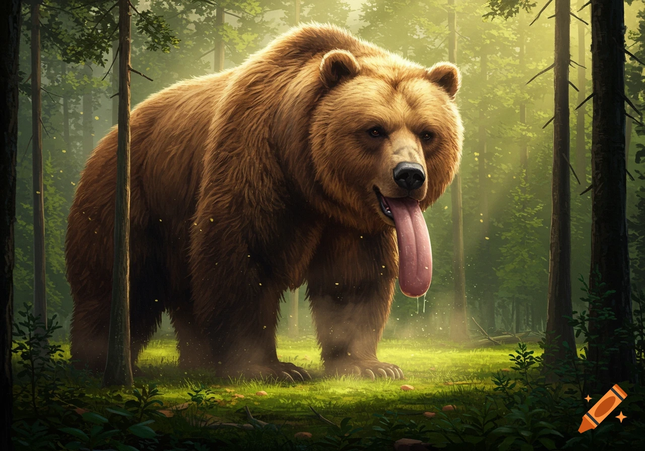 A giant brown bear with an extremely long, droopy tongue stands in a sunlit forest, photorealistic style.