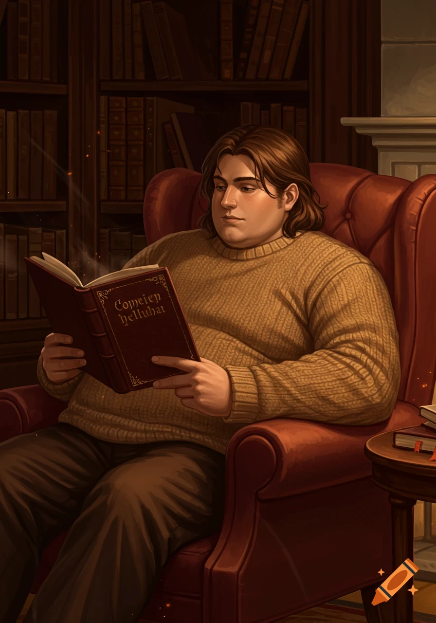 A man with brown hair reads a book in a cozy armchair in a library, rendered in a detailed illustration style.