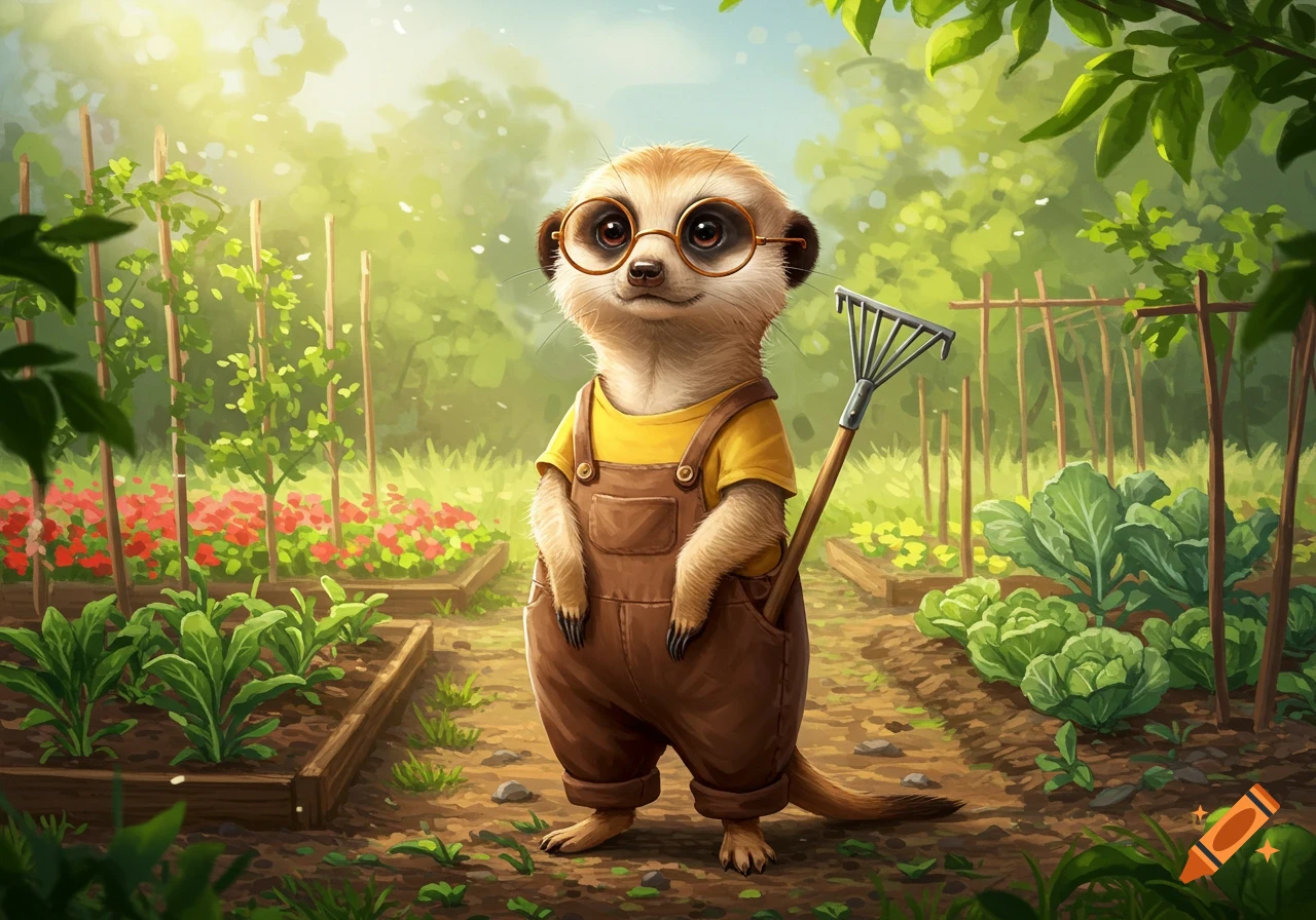 A cute cartoon meerkat wearing glasses, a yellow shirt, and brown overalls stands in a sunny garden, holding a rake.