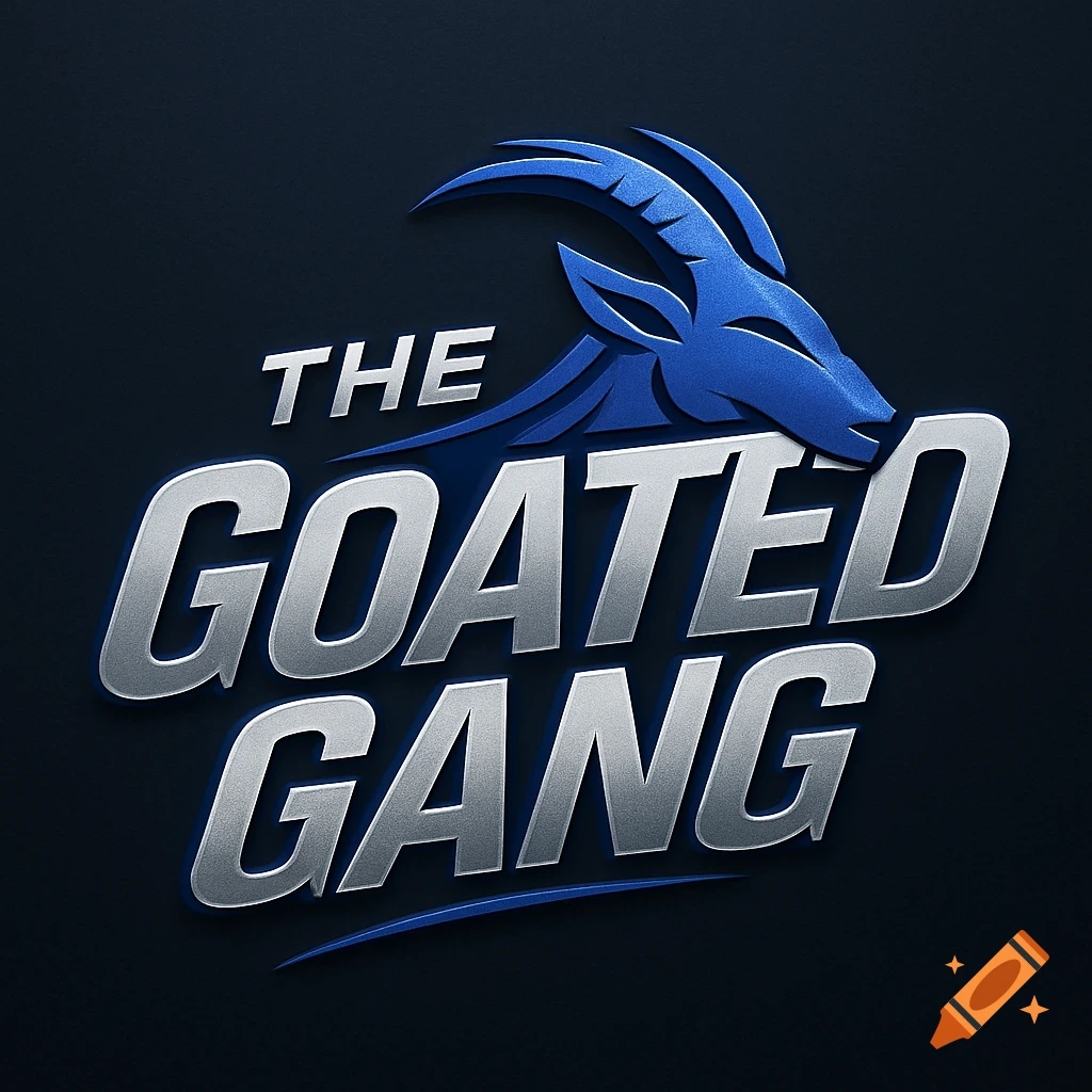 Blue and silver logo of a stylized goat head with the words 'THE GOATED GANG' in bold, metallic text.