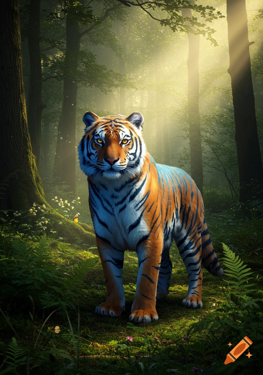 A photorealistic tiger with orange and blue stripes stands in a sunlit, misty forest.