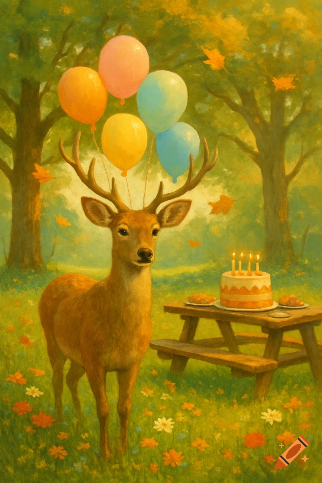 A painting of a deer in a sunlit forest, with colorful balloons tied to its antlers and a birthday cake on a nearby picnic table.