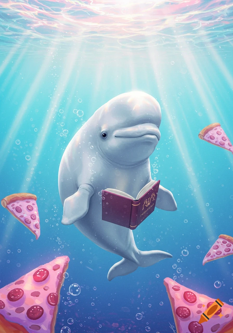 A cute beluga whale reads a red book underwater, surrounded by floating slices of pepperoni pizza, in a dreamy illustration.