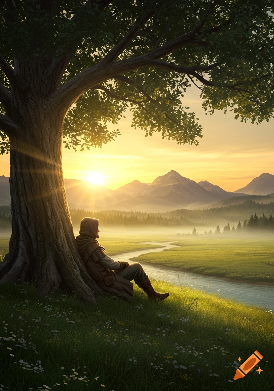 A hooded figure rests against a large tree, overlooking a vast misty valley with a winding river and mountains at sunset.