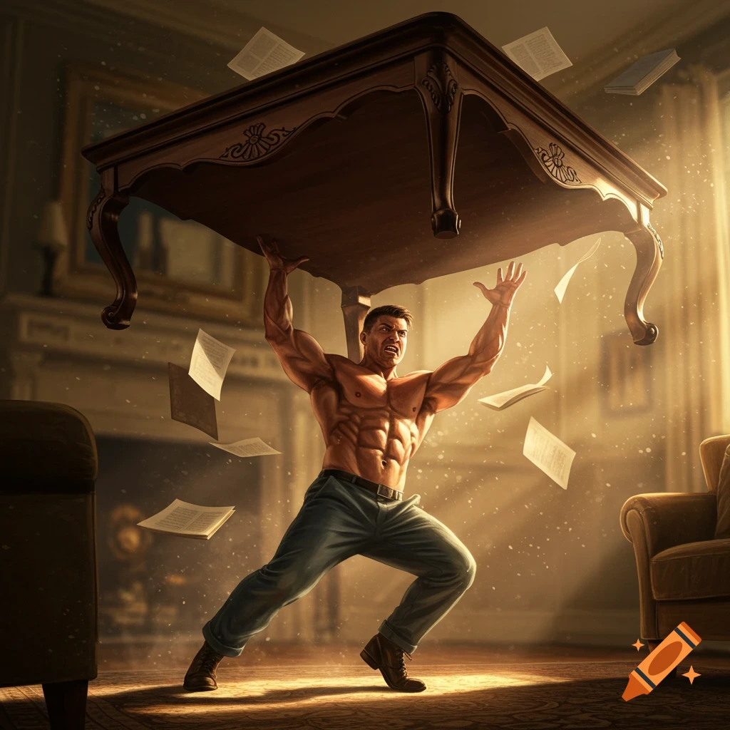 A muscular man lifts a large wooden table in a dramatic, fantasy art style, with papers flying in a brightly lit room.