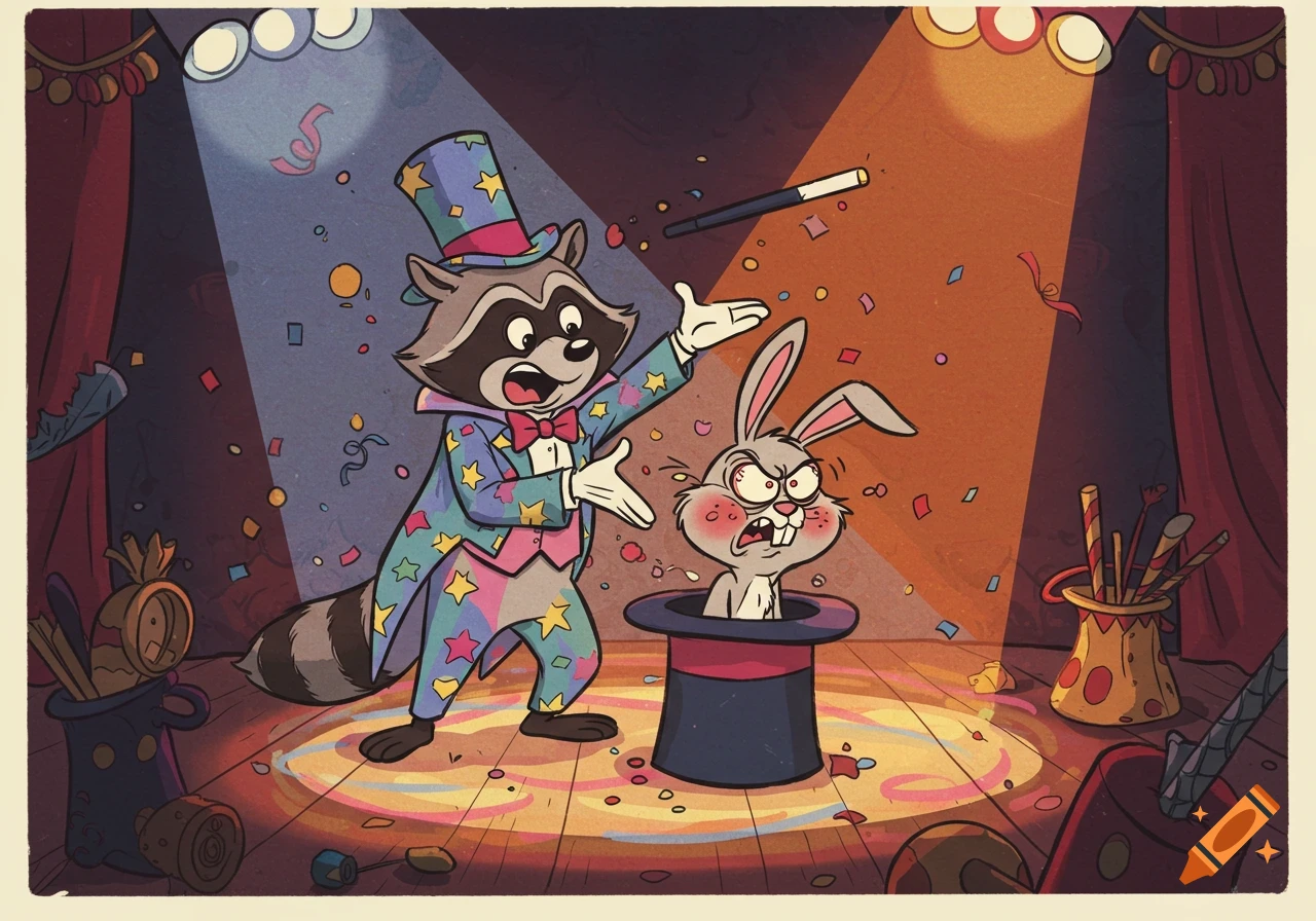 Whimsical cartoon of a raccoon magician pulling a furious rabbit out of a top hat on a colorful stage.