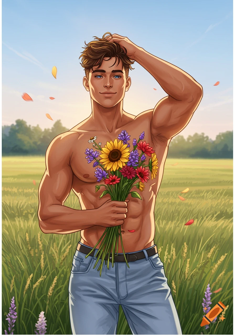 Illustrated portrait of a shirtless man holding flowers in a sunny field, with flower petals in the air.