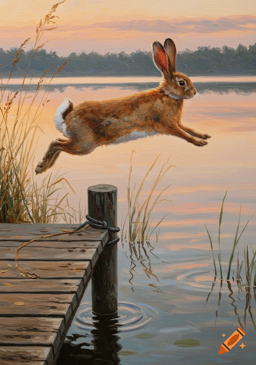Oil painting of a brown rabbit jumping from a wooden pier over water at sunset.