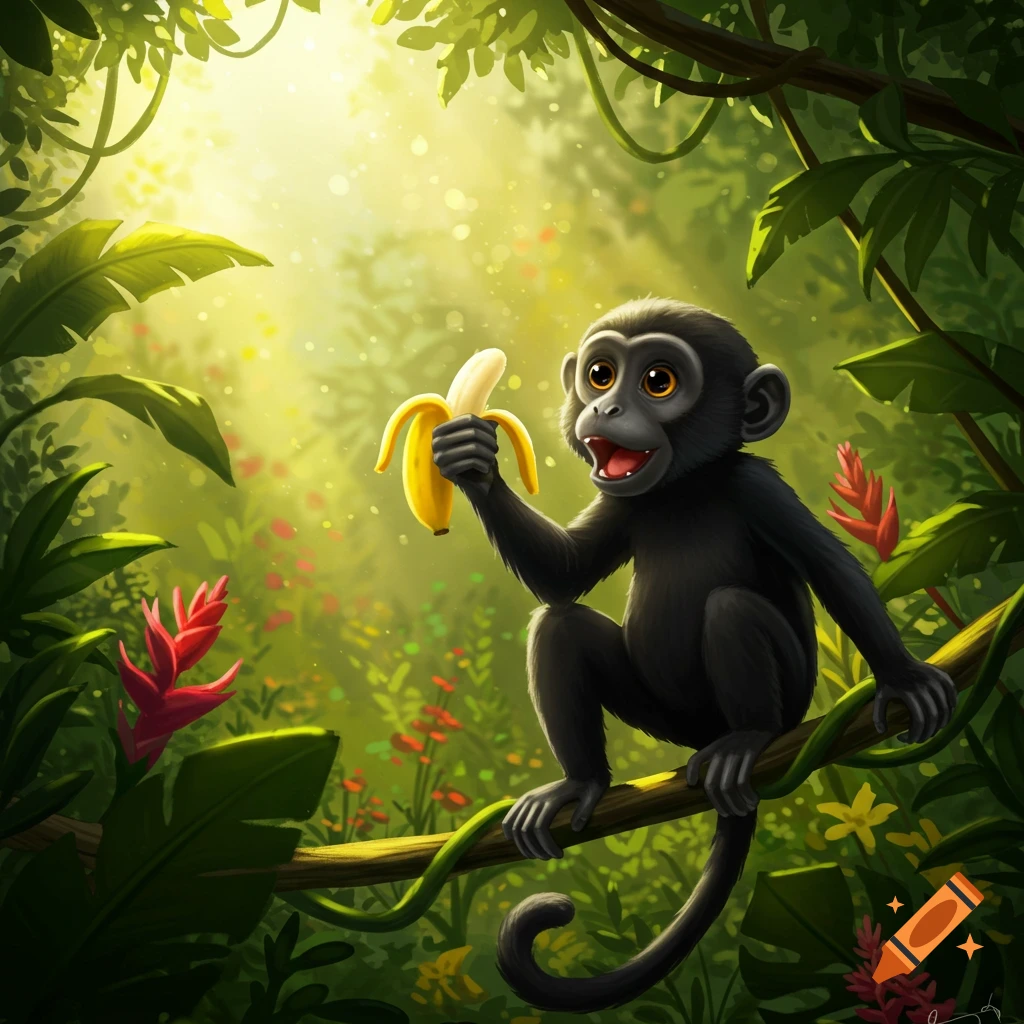 A cute, cartoonish monkey sits on a branch in a lush jungle, happily peeling a banana with sunlight filtering through the leaves.