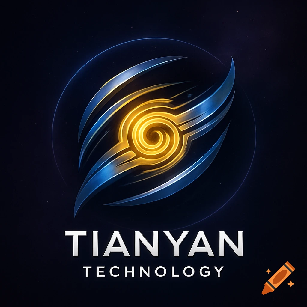 A futuristic logo featuring a glowing golden spiral within sharp blue-silver blades, enclosed in a ring, with 'TIANYAN TECHNOLOGY' text below. Modern tech style.