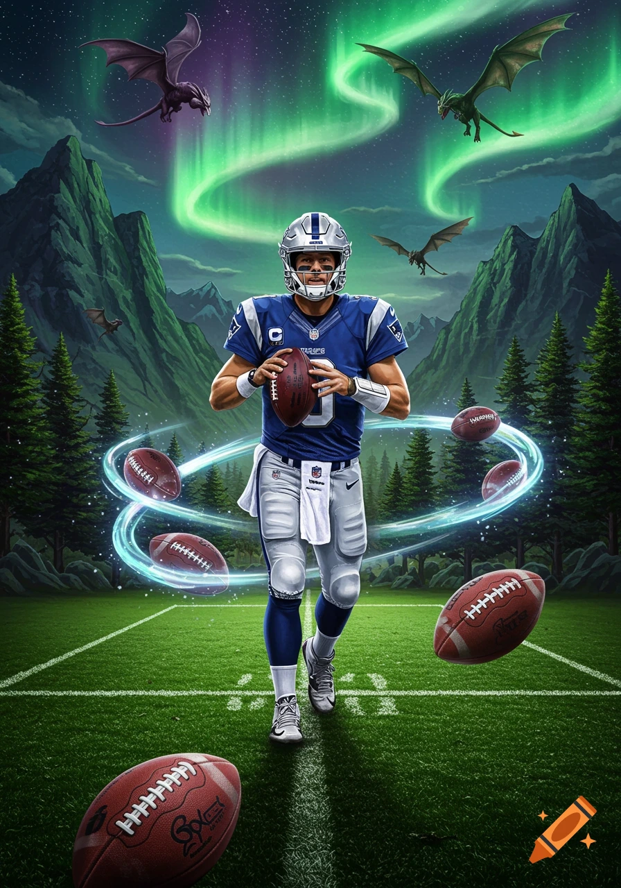 Digital art of a football player in a blue uniform on a field, surrounded by flying footballs and dragons under green aurora borealis in mountains.