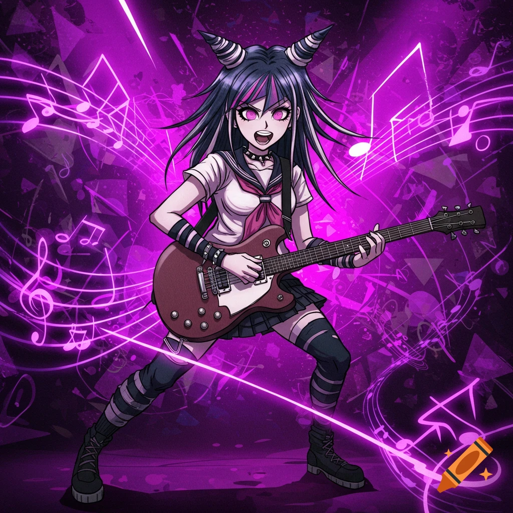 An anime character, Ibuki, with black and pink hair and horns, plays an electric guitar against a bright purple background with musical notes.