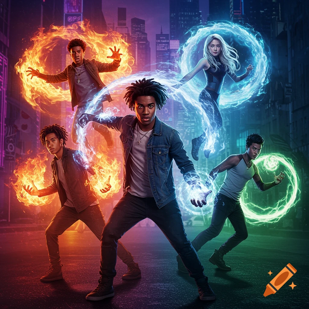 Five diverse young superheroes with various elemental powers (fire, ice, green energy) pose dynamically in a futuristic city at night.