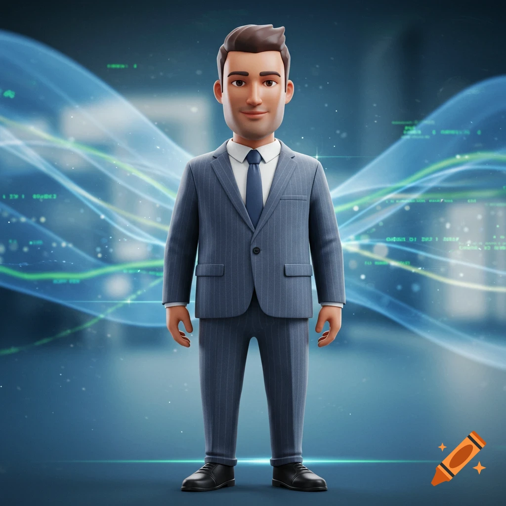 A 3D animated male avatar in a blue pinstripe suit and tie stands against a blue digital background.