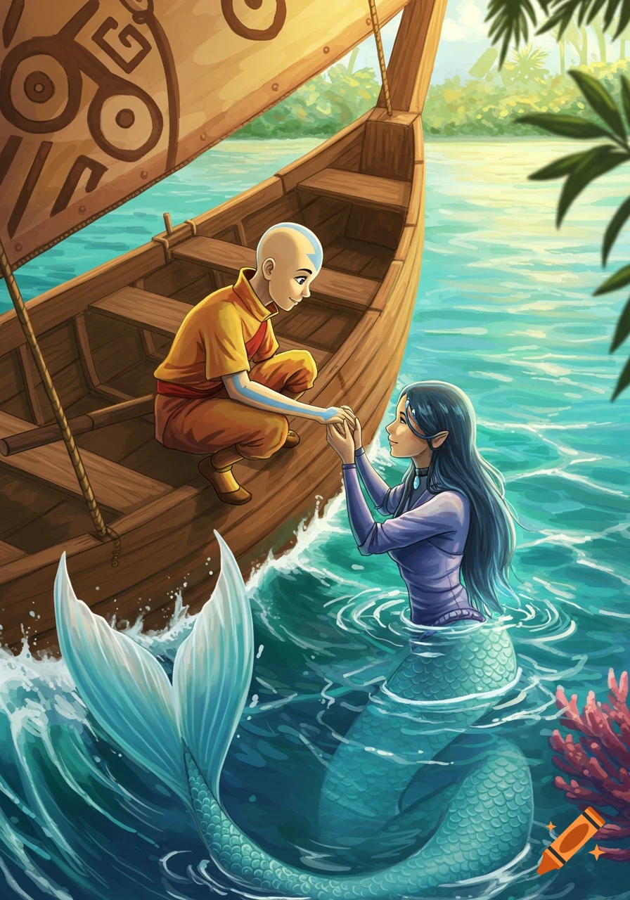 Illustrated Aang in a boat holding hands with a mermaid in turquoise water with tropical foliage.
