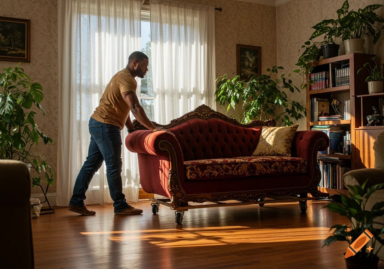 A man in a brown shirt and jeans pushes a red ornate couch on dollies in a sunlit living room.