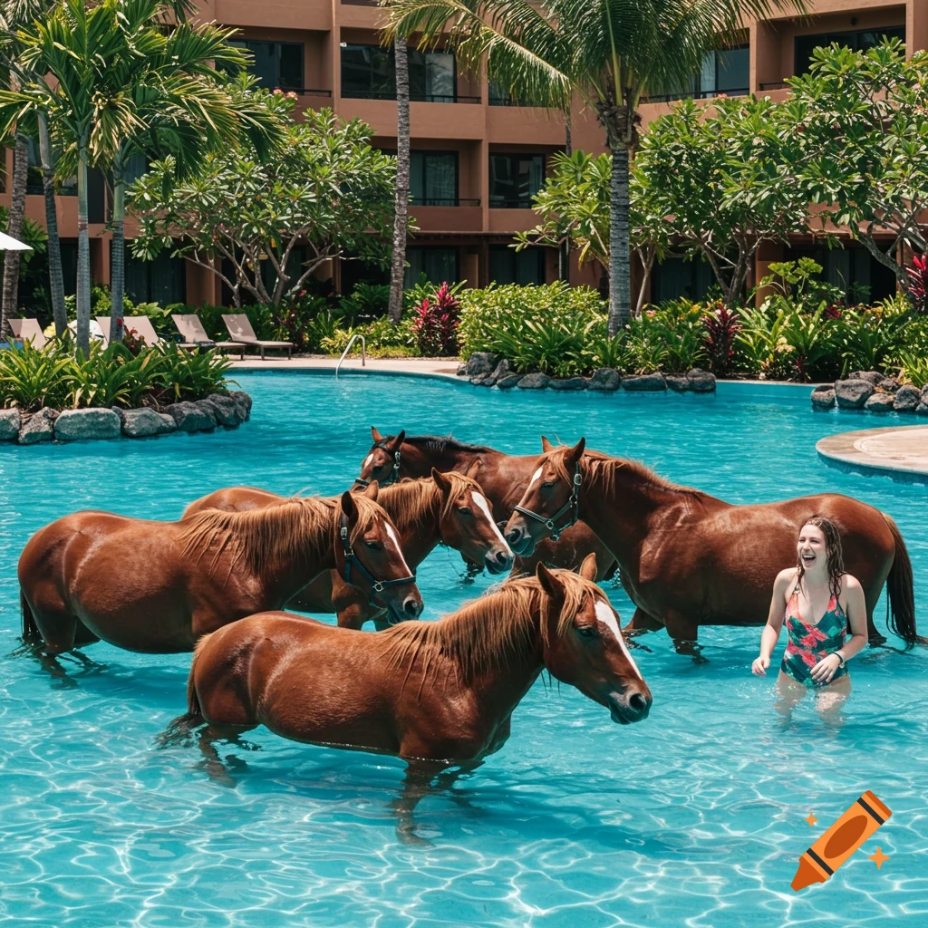 A woman smiles in a turquoise swimming pool with several brown horses, surrounded by palm trees and a resort building.